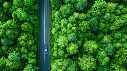 Aerial view of a car navigating through dense forest, with trees and foliage visible below