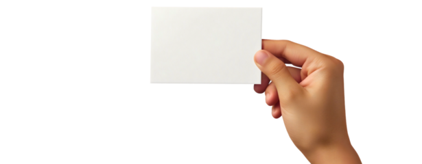 Closeup of hand holding the white blank empty business card, isolated on transparent background. Corporate business company advertising mockup template, branding presentation print, layout,information