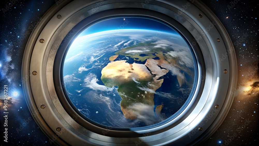 Poster a rocket's reflection: a reflection of earth in the rocket's window generative ai