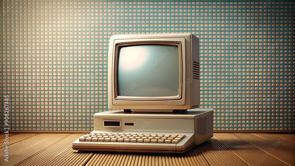 Poster retro reflections: a halftone computer reflecting in a vintage mirror generative ai