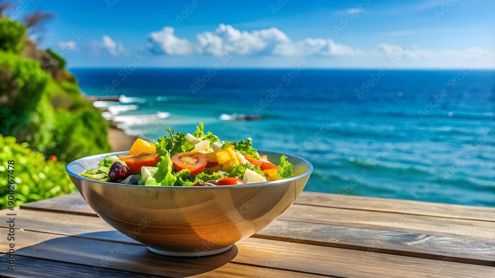 Poster salad bowl with a view of the sea: a refreshing escape generative ai