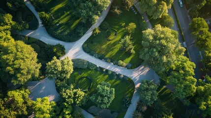 Aerial view of a lush green city park with winding pathways creating beautiful geometric shapes