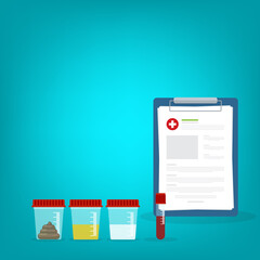 Urine, stool, sperm and blood analysis. Urine, stool, sperm and blood test icon. Medical analysis laboratory test. Medical samples in a plastic box and medical report clipboard.	