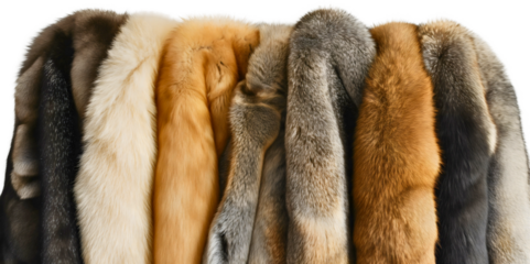 Wardrobe rack collection of fur coat clothing isolated on transparent background. Beautiful luxury animal hair skin jacket, female woman fashion style, furry natural material, stylish lady garment