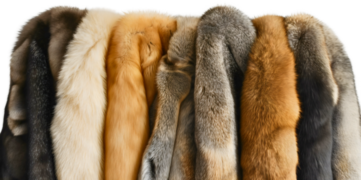 Wardrobe rack collection of fur coat clothing isolated on transparent background. Beautiful luxury animal hair skin jacket, female woman fashion style, furry natural material, stylish lady garment
