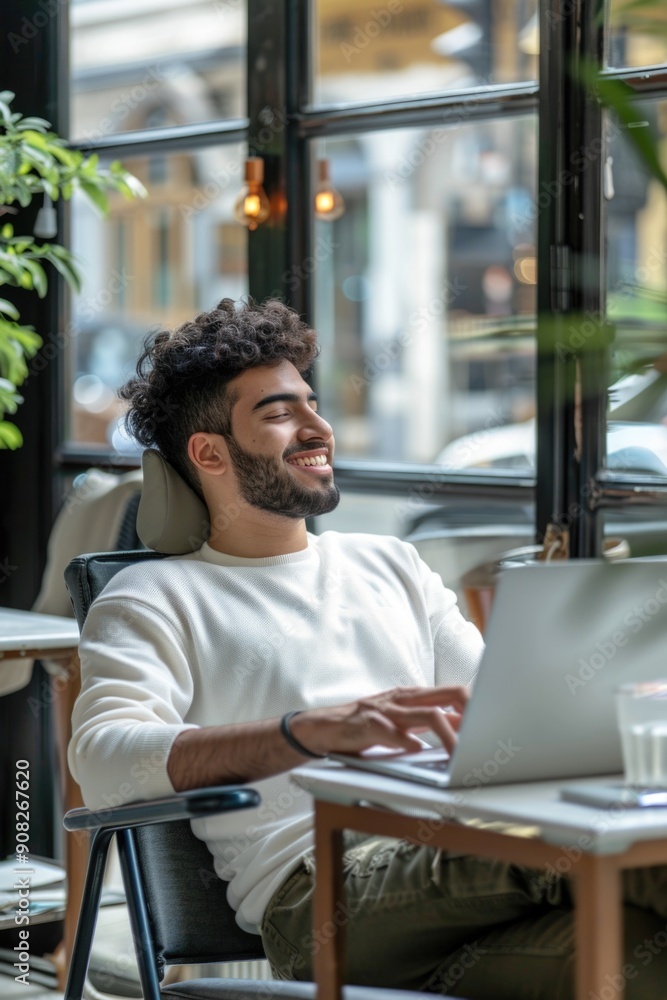 Poster a person sits at a desk with a laptop open in front of him, typing away