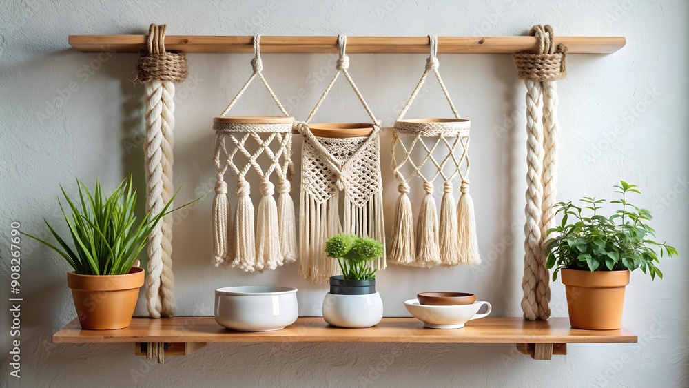 Poster bohemian rhapsody: a macrame hanging shelf with hand-painted utensil holders generative ai