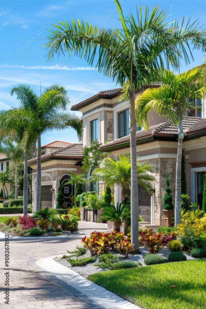 Poster row of palm trees outside a house with a calm atmosphere