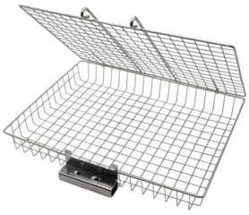 Metal wire mesh basket with hinged lid, industrial steel container for storage, organization, and safety, isolated on transparent background.