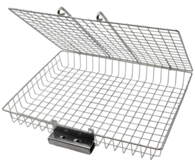 Metal wire mesh basket with hinged lid, industrial steel container for storage, organization, and safety, isolated on transparent background.