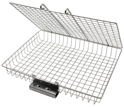 Metal wire mesh basket with hinged lid, industrial steel container for storage, organization, and safety, isolated on transparent background.