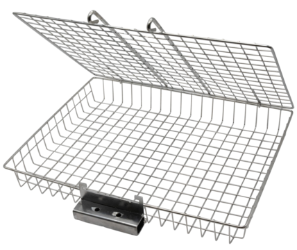 Metal wire mesh basket with hinged lid, industrial steel container for storage, organization, and safety, isolated on transparent background.