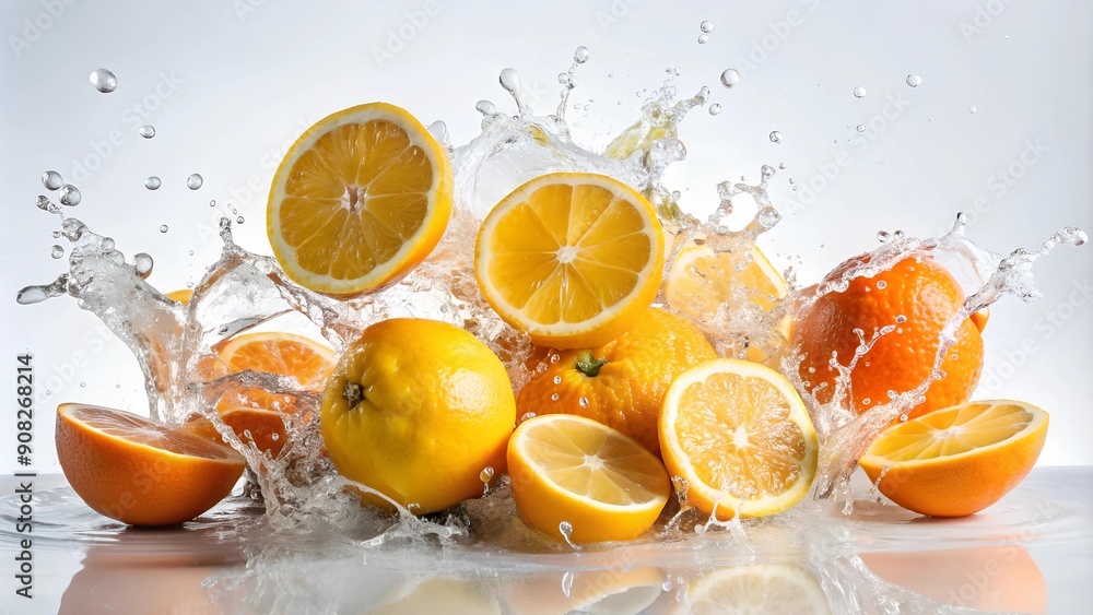 Poster a symphony of citrus: a high-speed splash of oranges and lemons generative ai
