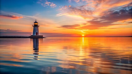 Fototapeta premium A tranquil scene of a calm sea with a distant lighthouse AI generated
