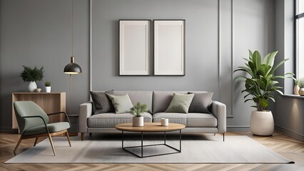 Fototapeta premium Modern Scandinavian Living Room with Geometric Abstract Poster Mockup AI generated