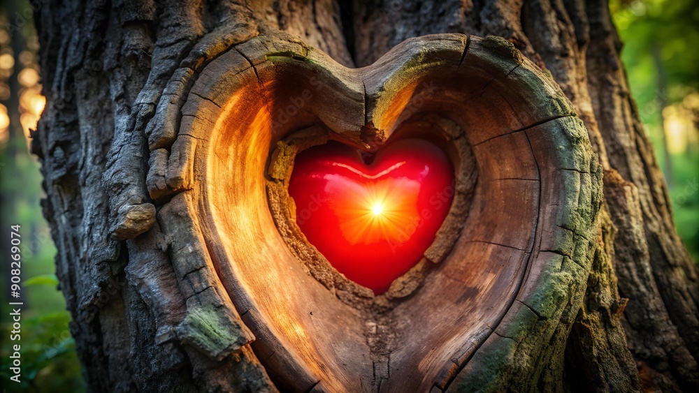 Poster a heart of fire: a red heart glowing with warmth inside a tree ai generated