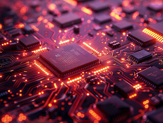 Obraz premium Semiconductor Industry conception Hightech computer board with chip Circuit Board CPU Processor Microchip Starting Artificial Intelligence Digitalization of Neural Networking and Cloud Computing