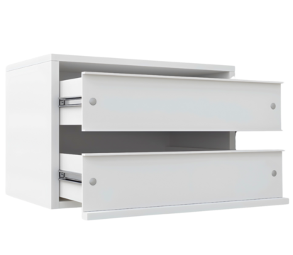 Wooden white modern cabinet with drawers isolated on transparent background. Home room storage furniture, contemporary interior decor, bedroom box table shelf