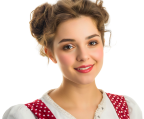 Portrait of traditional beautiful young vintage retro housewife woman smiling, isolated. Happy pretty lady model from 50s, cheerful 1930s or 60s Caucasian female person, old fashioned style clothing