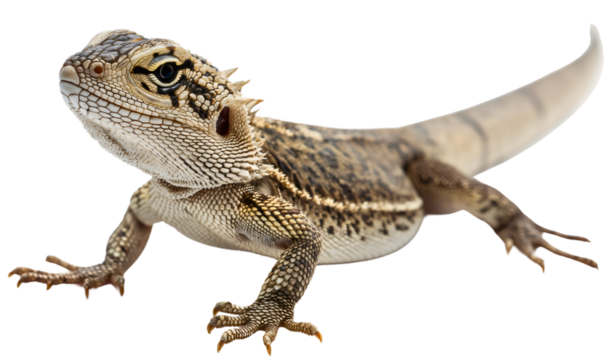 Closeup of green lizard isolated on transparent background. Nature wildlife dragon reptile predator animal, exotic gecko head and tail, skin texture