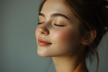 A close up of a girl's face with her eyes closed