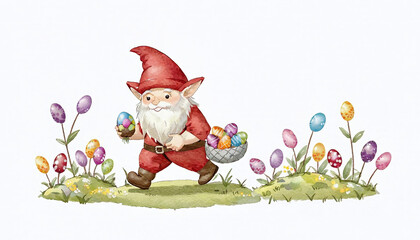 illustrative depiction of easter gnome, cute gnomes, dwarf with easter eggs easter gnomes, cute gnomes, dwarf with easter eggs