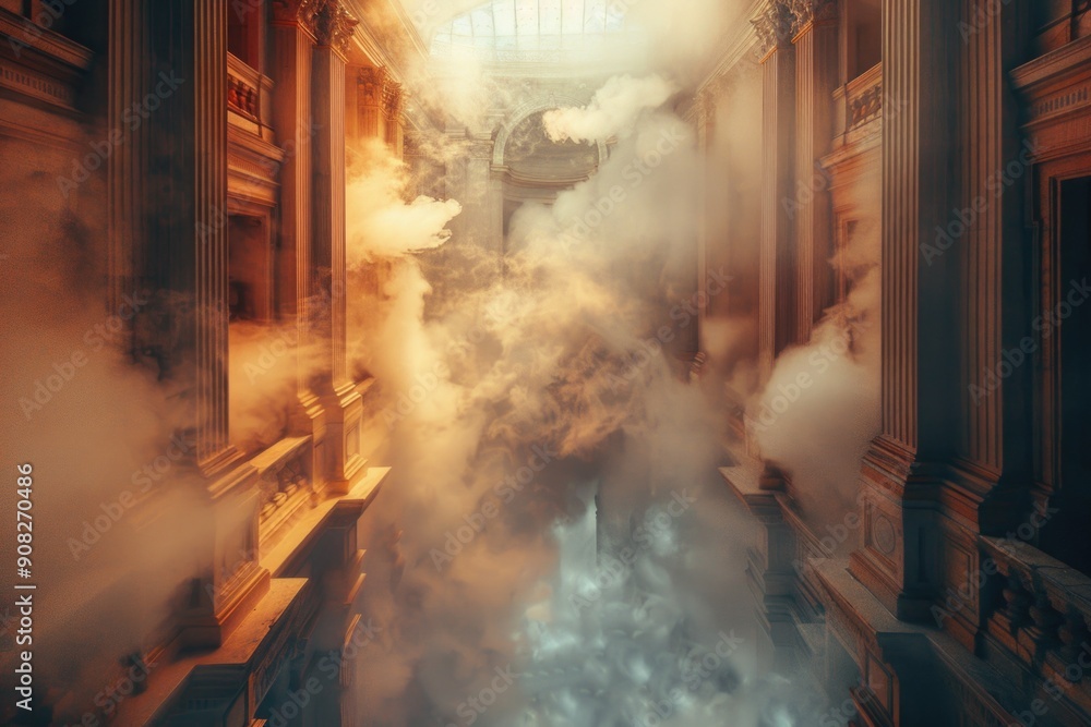Poster A building with a cloudy sky, a simple and straightforward description of the scene