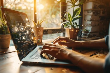 Remote work: person using laptop in home office with plants and sunlight, digital interface overlaying screen