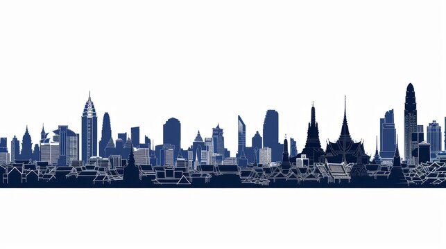 Bangkok city skyline silhouette blending modern skyscrapers and traditional architecture on white background