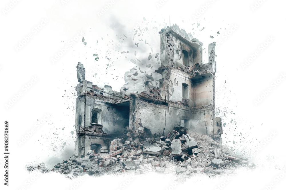 Poster a ruined building with a clock tower, offering a glimpse into the aftermath of a disaster