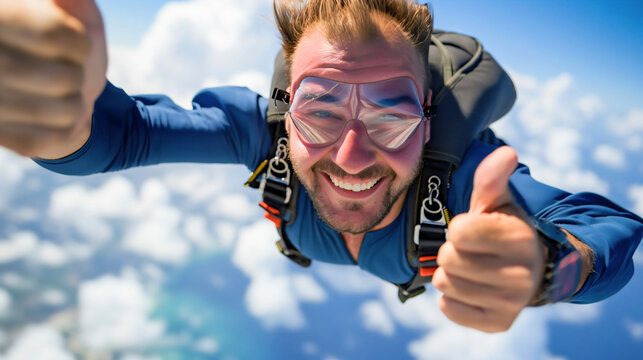 Closeup of happy smiling man skydiving, wearing glasses and parachute backpack. Funny air jump sport, extreme adrenaline and freedom, professional falling down, excited jumper in action, free fall
