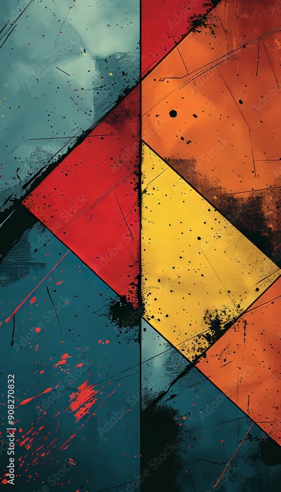 Poster striking composition of angular shapes and vibrant colors creates a dynamic and visually captivating