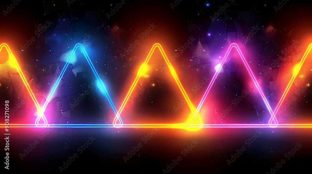Poster a mesmerizing retro-futuristic design featuring vibrant neon laser triangles on a black background w