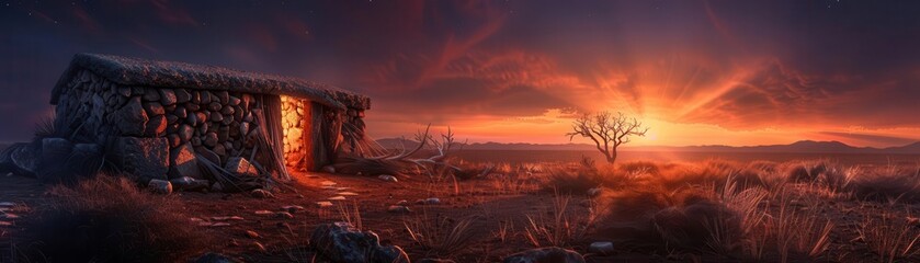 Stone shelters nestled in a rugged landscape, depicting early human settlements, Historical, Earthy tones, Digital painting