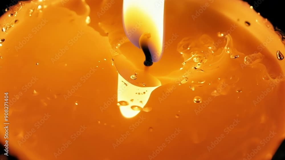 Poster detailed footage of a lit candle with molten wax cascading down the sides and creating unique patter