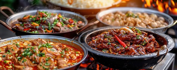 Fototapeta premium Traditional dishes displayed at a cultural festival, showcasing culinary heritage, Realism, Warm hues, Photography
