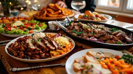 Traditional dishes served at a family gathering, showcasing cultural heritage, Realism, Warm tones, Photography