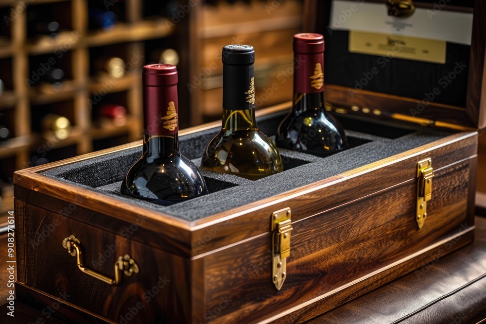 Poster three wine bottles stored in a wooden crate