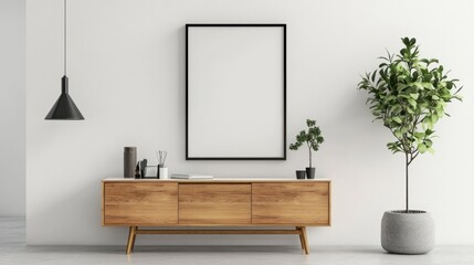 Minimalist Living Room with Wooden Cabinet and Plants