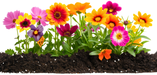 Various colorful flowers in garden soil ground isolated on transparent background. Gardening and botany plant growth, spring or summer environment bloom, horticulture, earth, flora dirt