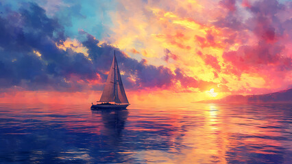 Fototapeta premium Sailboat - sailboat, ocean, sunset, clouds, water, sky, horizon, colorful, sailing, calm, reflection, scenic, sea, vessel, serene, tranquility, marine, pastel