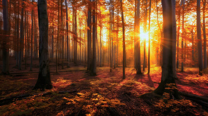 Obraz premium Sunrise in foggy, misty autumn or fall forest with orange and yellow leaves on tree branches. Morning sunlight in woodland nature environment, foliage scenery, dawn in woods atmosphere