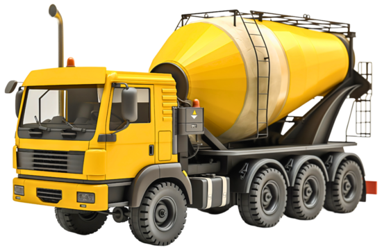 Yellow cement mixer truck isolated on transparent background. Construction site heavy machine, concrete material blender, road, mixing, pour, blend