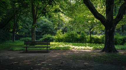 Inviting visitors to enjoy the peacefulness of a bright green summer park, an empty bench awaits