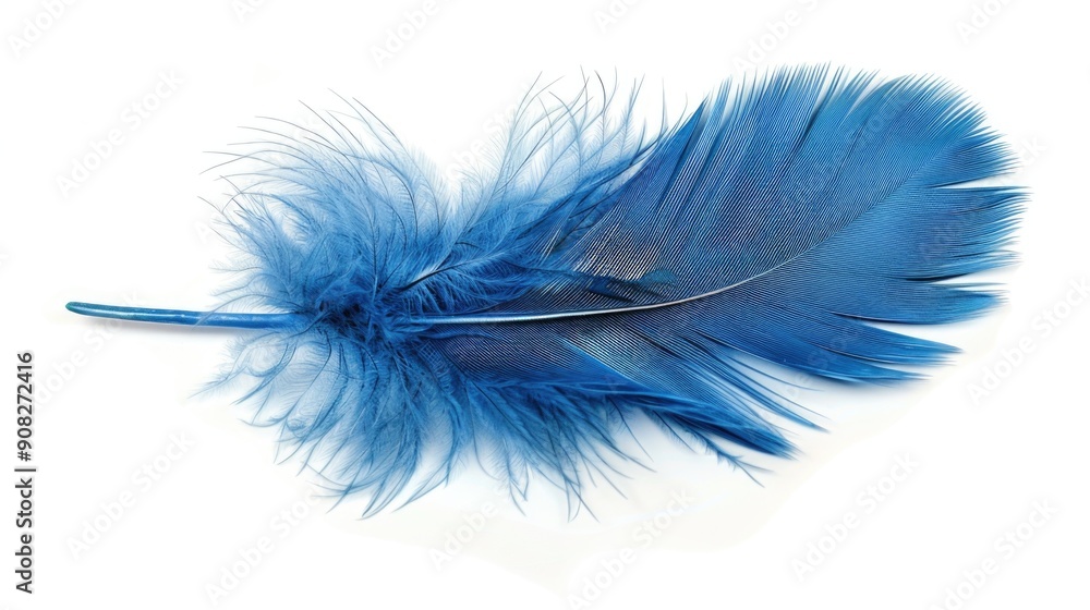 Aufkleber A single blue feather lying on a white background, perfect for adding texture and interest to your design