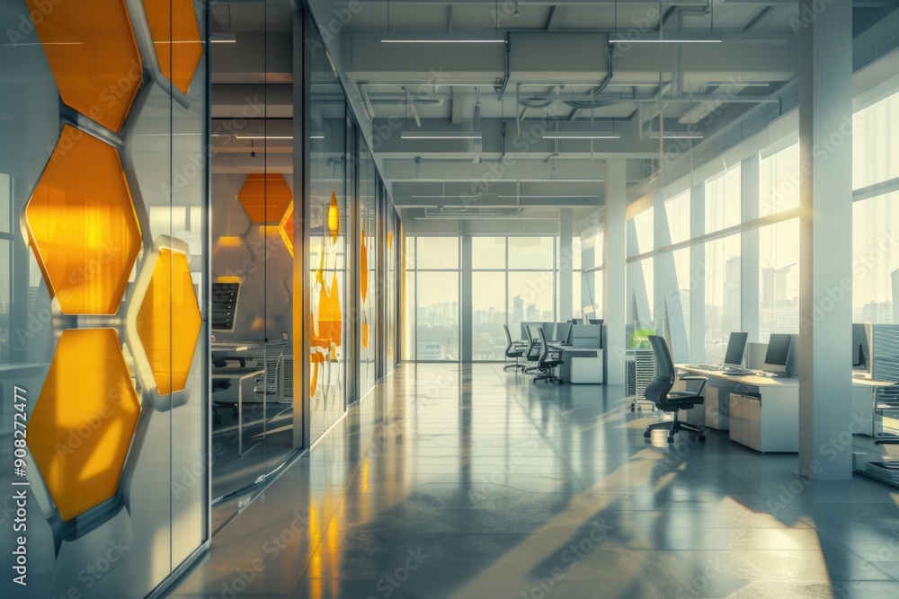 Poster A room filled with large windows providing plenty of natural light, featuring a desk and possibly used for work or study