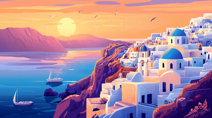 Obraz premium サントリーニ島の美しい町とエーゲ海の夕日をレトロタッチで描いたベクターイラスト風AI生成画像