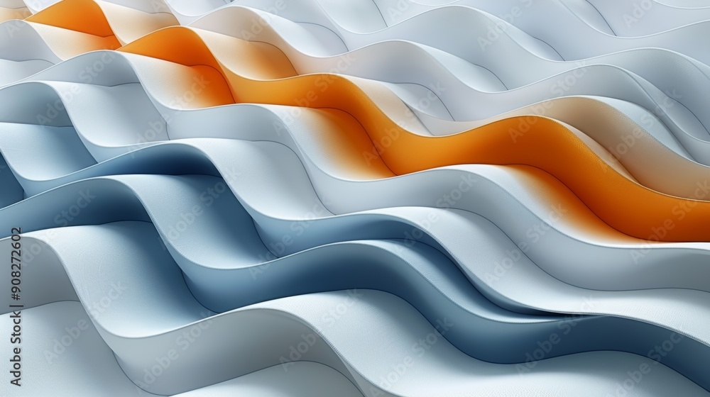 Poster abstract minimal futuristic background with blue and orange wavy paper cut shapes. 3d rendering illu