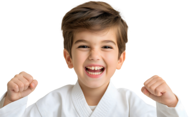 Happy smiling little boy in white kimono karate uniform isolated. Male child or kid martial arts sport exercise, practice or training, fighter school, children athletes