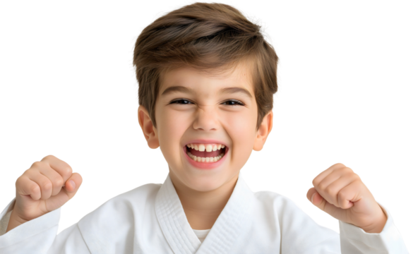 Happy smiling little boy in white kimono karate uniform isolated. Male child or kid martial arts sport exercise, practice or training, fighter school, children athletes